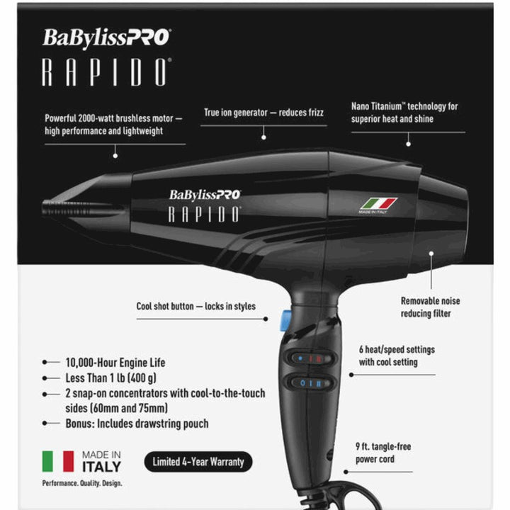 BaBylissPRO RAPIDO Blow Dryer 2000 Watts Black BRAP1 - Barberecho Warehouse